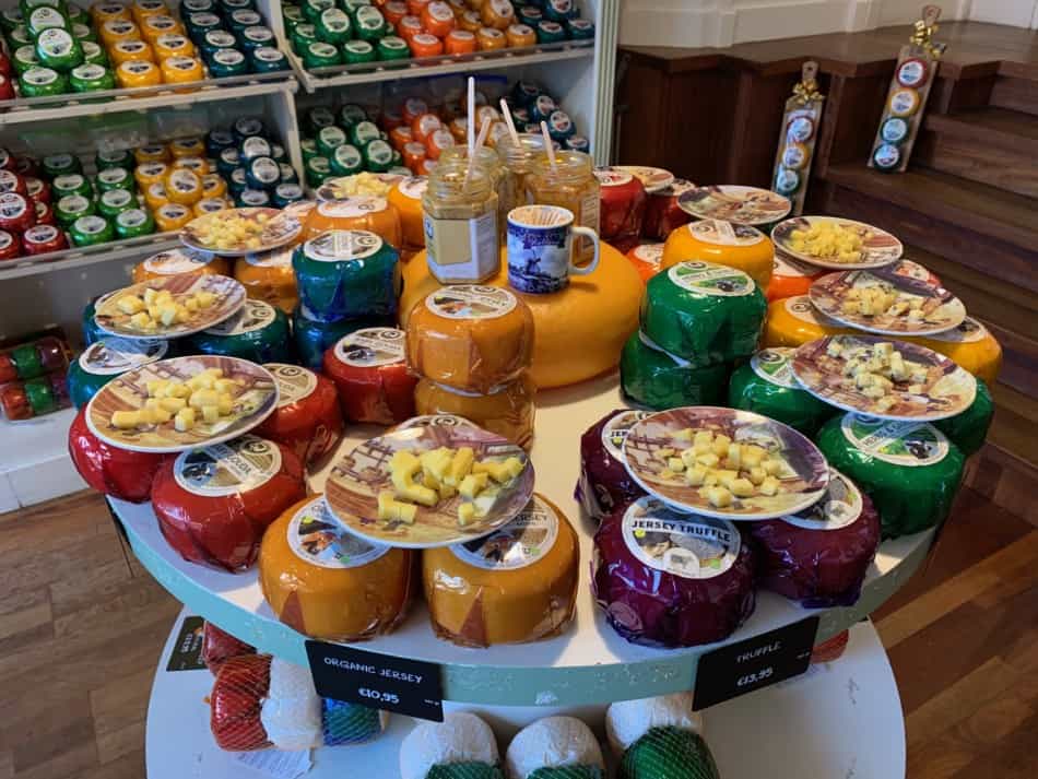 A selection of Dutch cheese on display in a cheese shop in Delft, The Netherlands