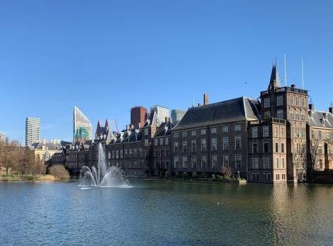A serene view of the parliamentary buildings in The Hague, with historical architecture fronting a calm lake with a fountain, contrasting modern high-rise buildings in the background under a bright blue sky.