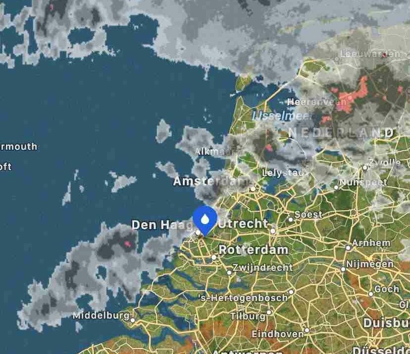 the weather app shows rain clouds over the netherlands