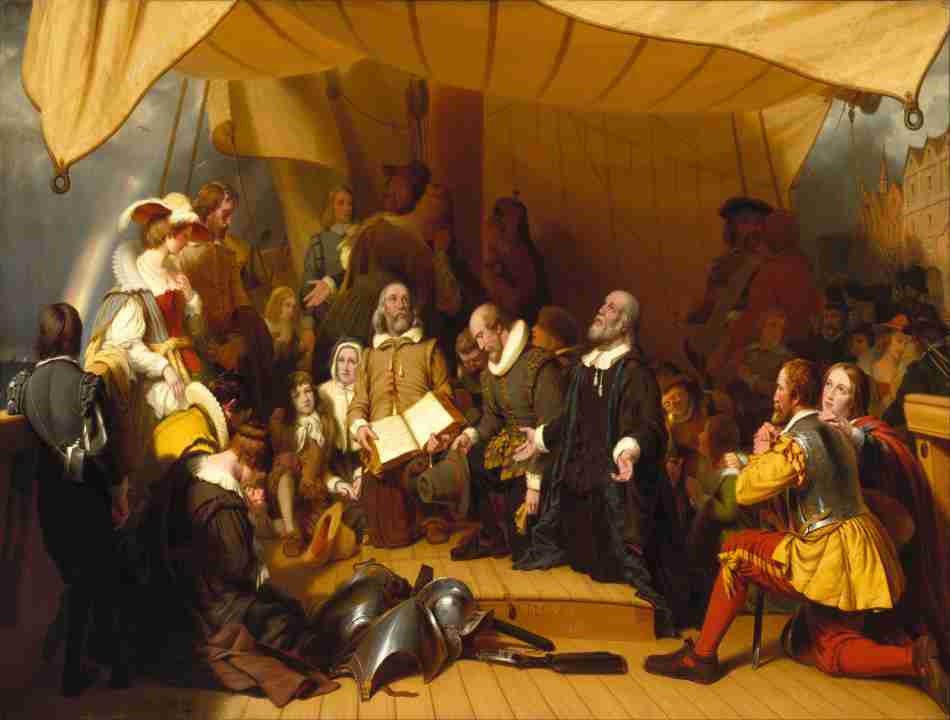 Painting by Robert Weir of the embarkment of the Pilgrims on the Speedwell