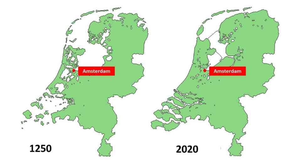 A map of water surrounding Amsterdam in 1250 vs. 2020