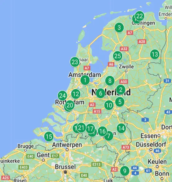 A map of the 25 best zoos in The Netherlands