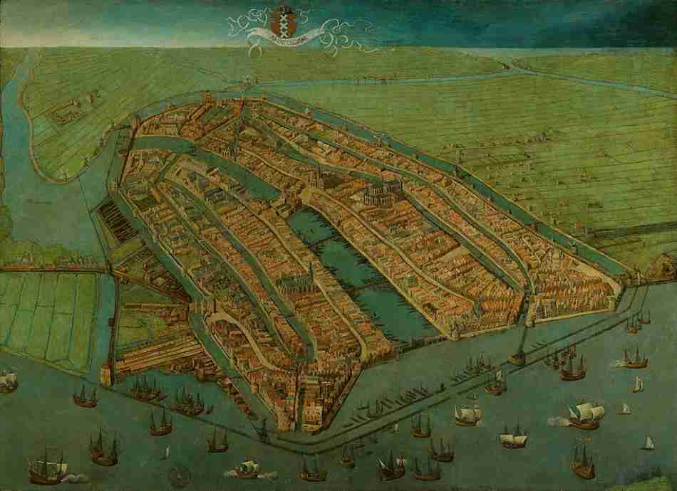 First known map of Amsterdam and Amsterdam canals on which the dam in the Amstel river is visible