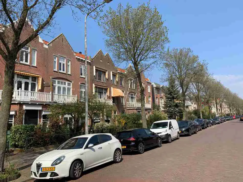 A typical residential street in Statenkwartier, one of the better neighborhoods in The Hague, with a row of charming brick houses featuring distinct gables and balconies, a tree-lined sidewalk, and parked cars on a sunny day.