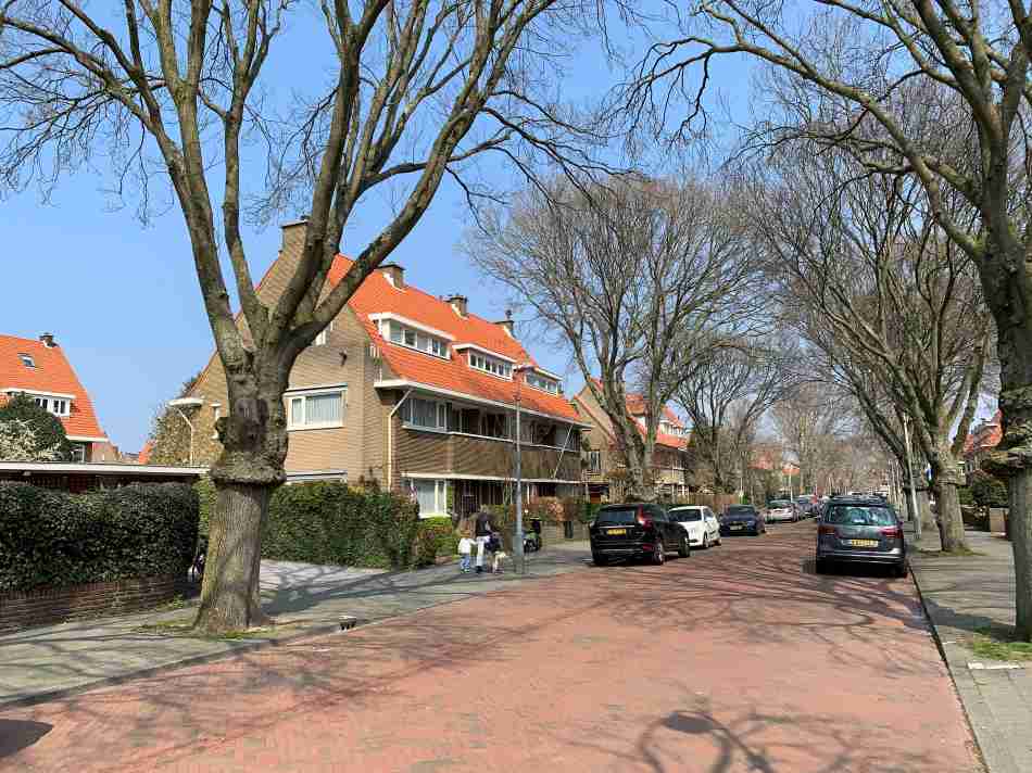 A peaceful residential street in Vogelwijk, recognized as one of the best neighborhoods in The Hague, with lined trees, red-brick houses with orange tiled roofs, and parked cars on a sunny day