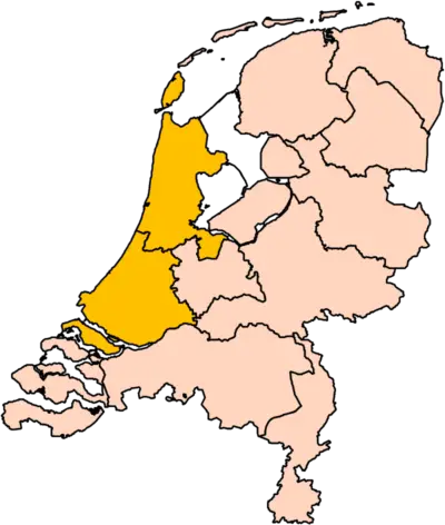 A map of The Netherlands in which Holland is colored orange.