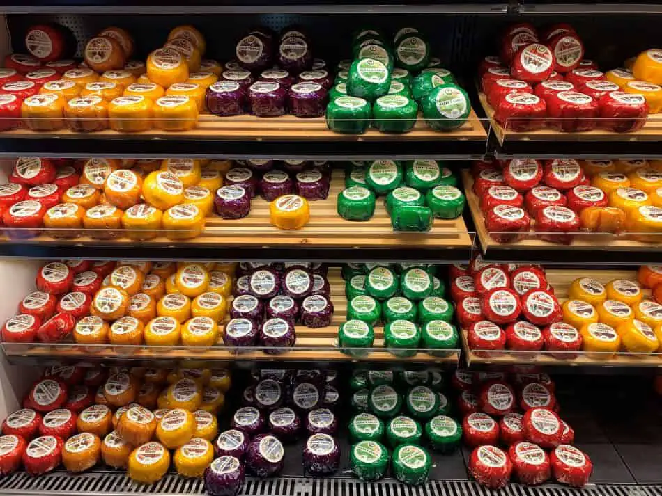 Dutch cheese on display in a cheese shop in The Netherlands