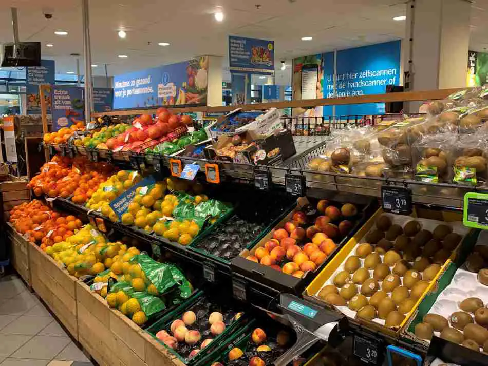 Shelves with fruit in a supermarket in The Netherlands