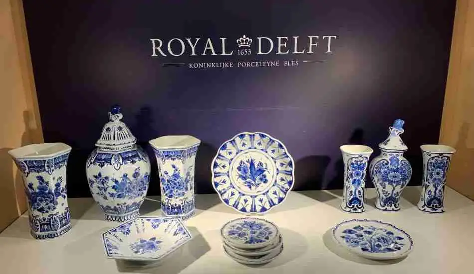 Delft blue tableware in the shop of the Royal Delft Museum in Delft