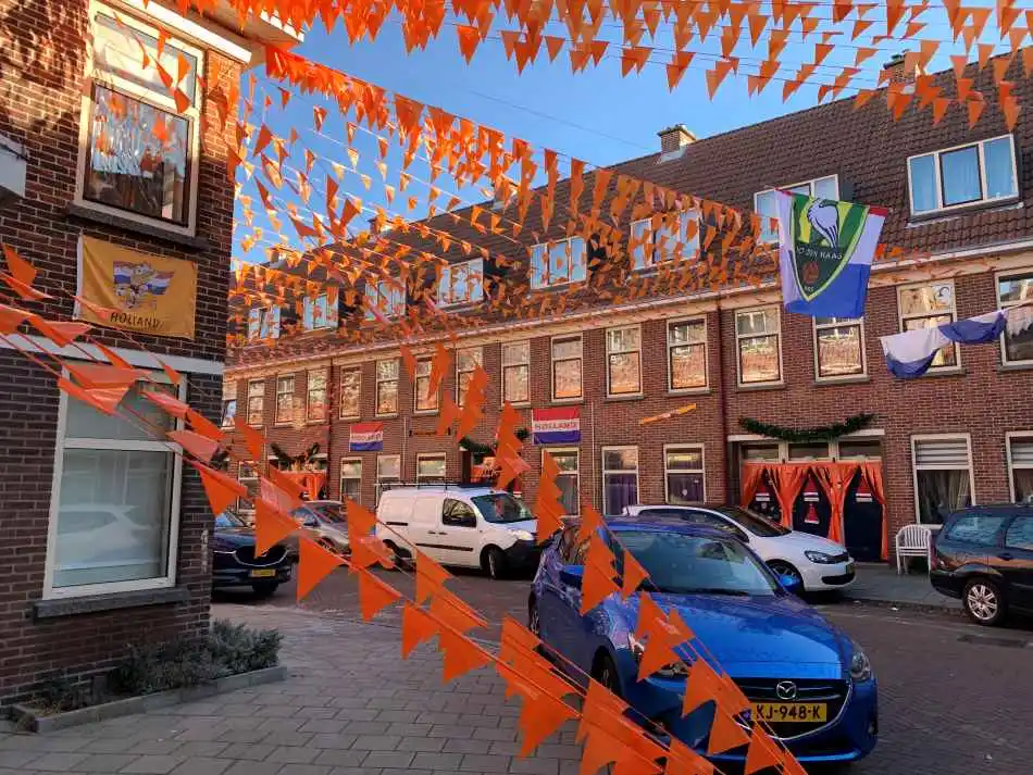 A street in Scheveningen, The Hague. decorated with orange