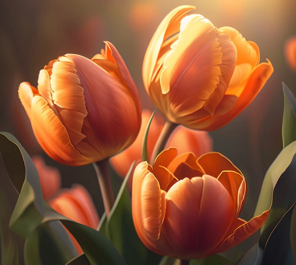 Blooming orange Dutch tulips in the morning sun