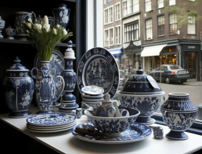Delft blue tableware on display in a shop in The Netherlands