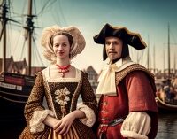 A wealthy Dutch couple dressed in traditional costumes of the 17th century against a harbor with merchant sailing ships