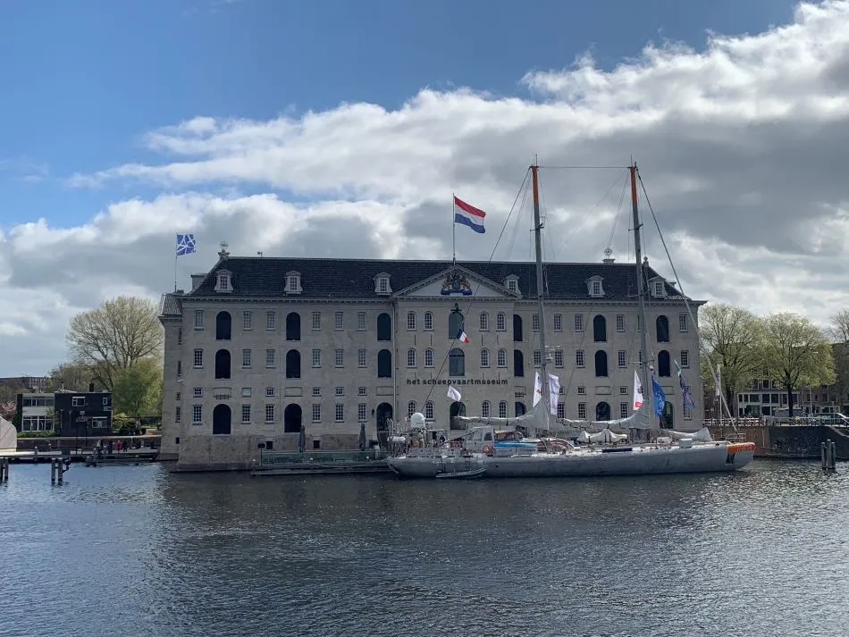 Front side of the naval museum in Amsterdam, seen across the water