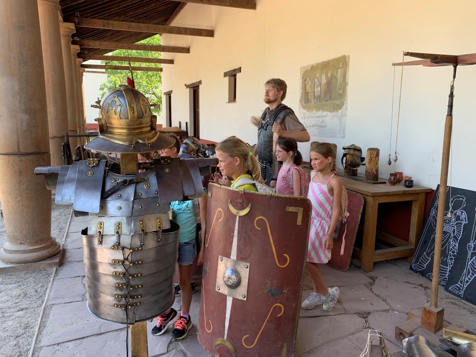 Children posing with a Roman soldier in the Archeon Museum in Alphen a/d Rijn