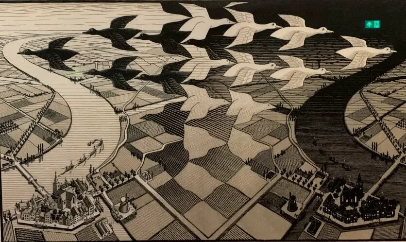 Day and night, a work by M.C. Escher, a Dutch artist